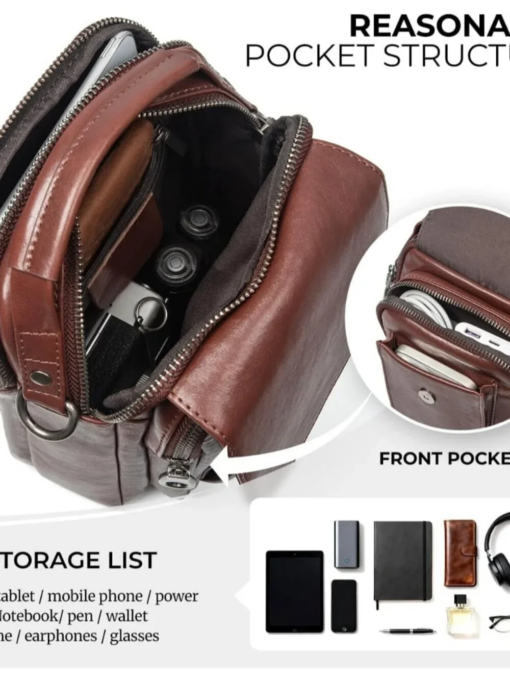 Men's Coffee Leather Shoulder Sling Travel Crossbody Stylish Magnetic Buckle Bag